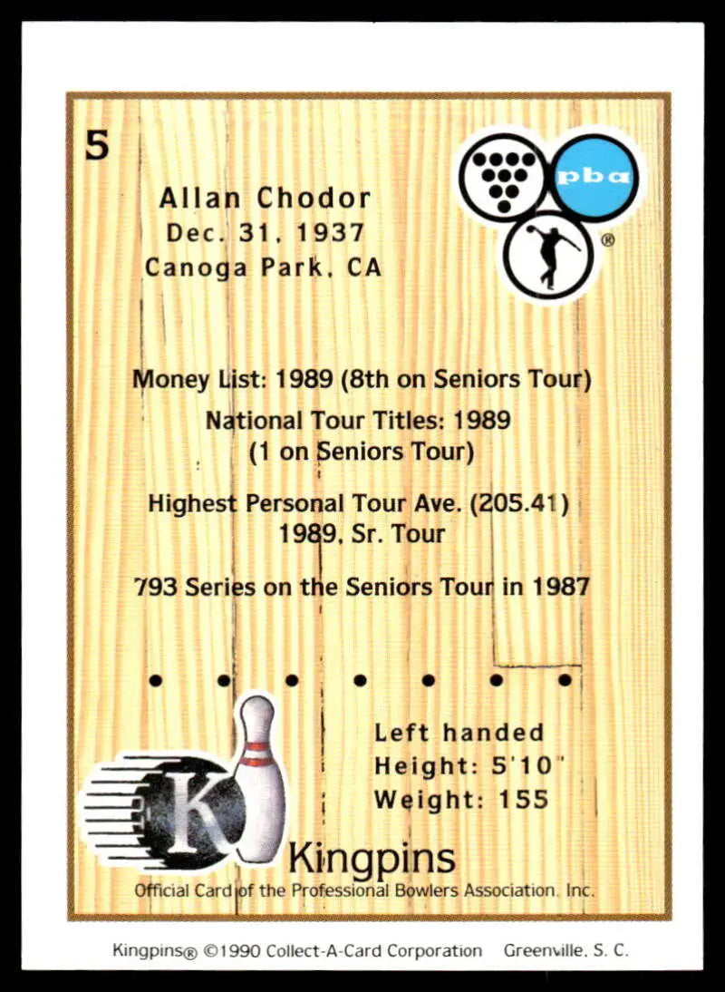 Bowling pin card with Allan Chodor statistics from 1989 for PBA Bowling Card collectors