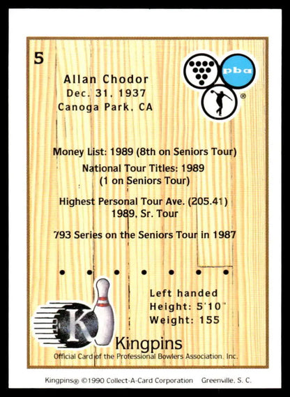Bowling pin card with Allan Chodor statistics from 1989 for PBA Bowling Card collectors
