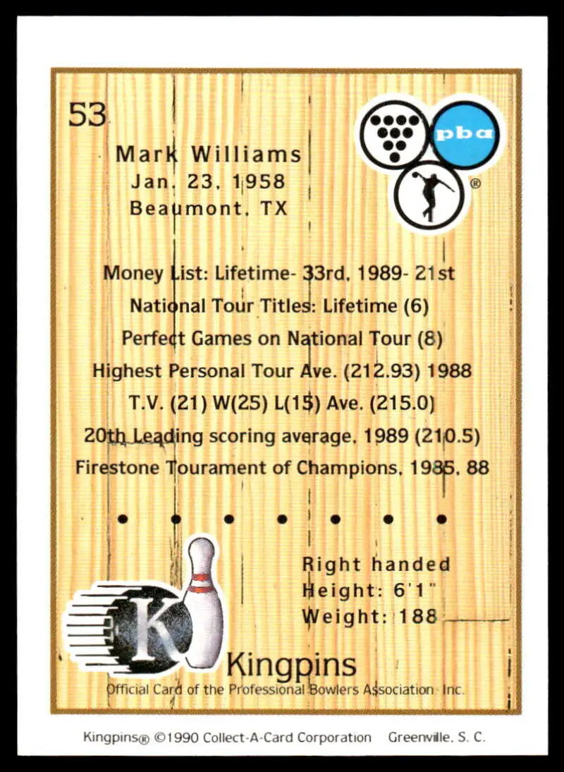 Bowling-themed trading card featuring Mark Williams PBA Bowling career stats and achievements