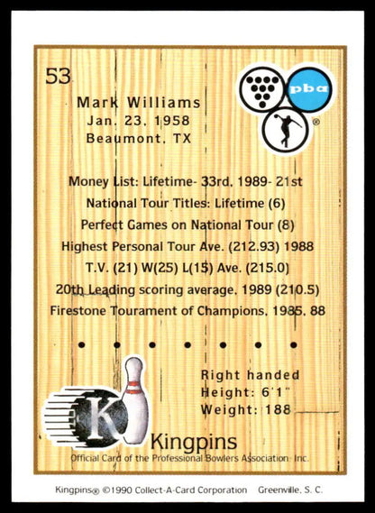 Bowling-themed trading card featuring Mark Williams PBA Bowling career stats and achievements
