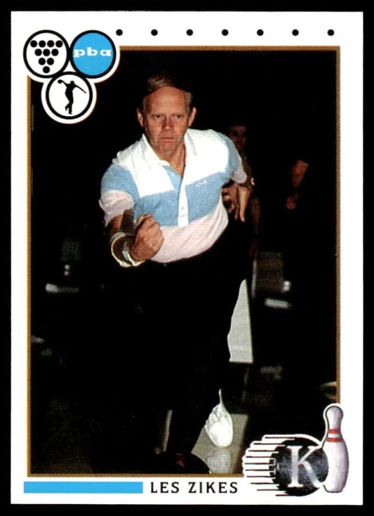 Professional bowler Les Zikes in delivery stance on PBA bowling card 1990 Kingpins #54