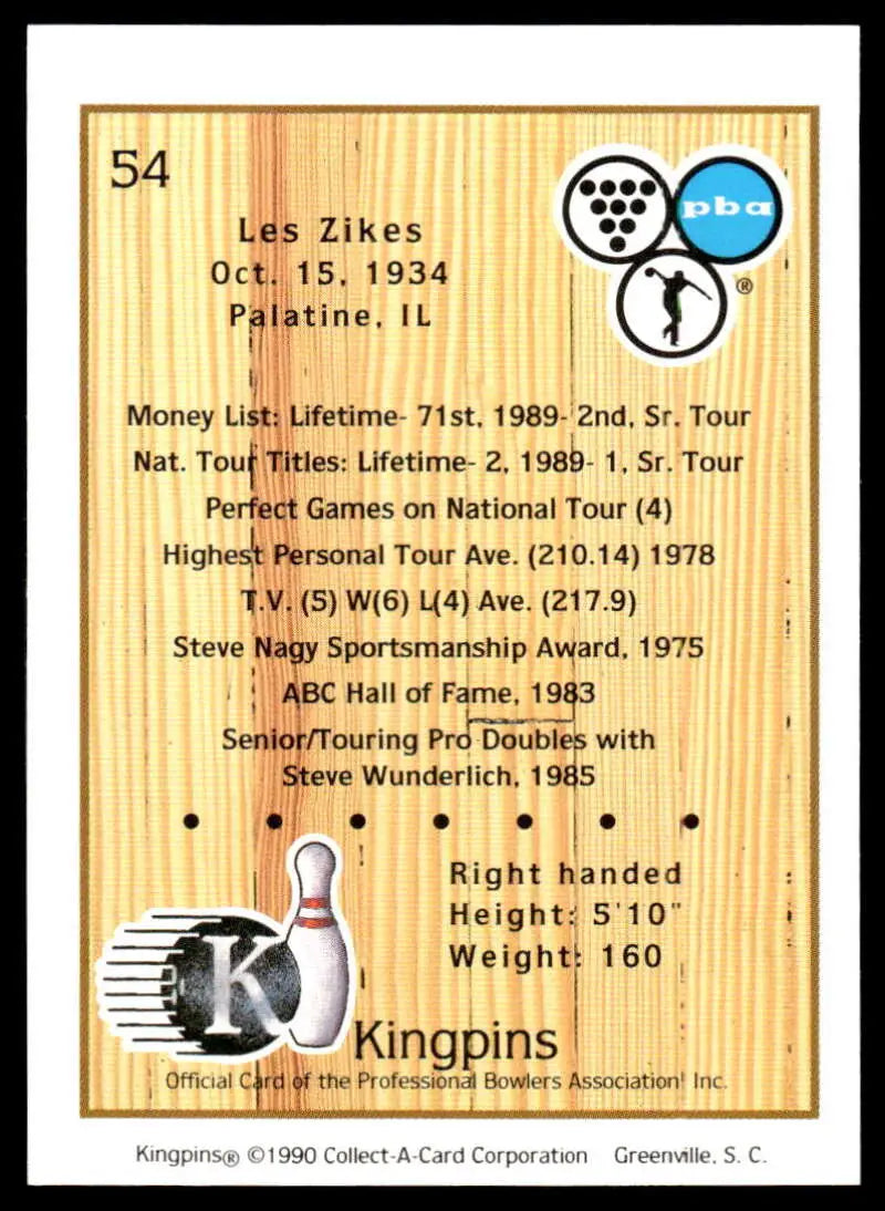 Vintage bowling card featuring Les Zikes with stats and achievements from 1934-1985