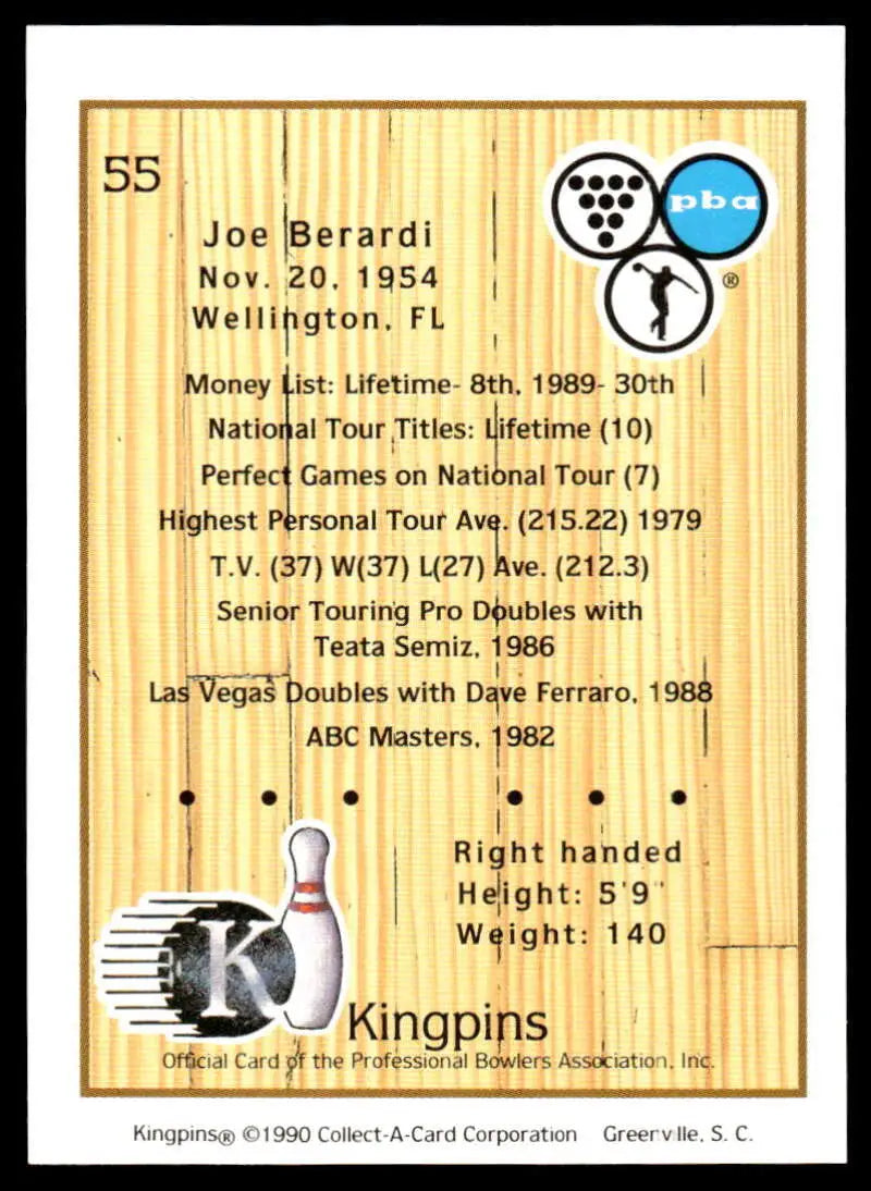 Bowling trading card showcasing Joe Berardi’s stats on a wood-grain background