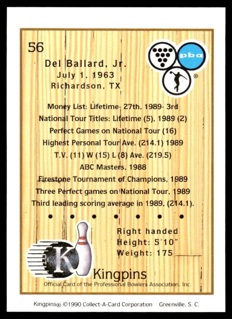 Bowling-themed trading card of Del Ballard Jr. from PBA Bowling 1989-1990 season