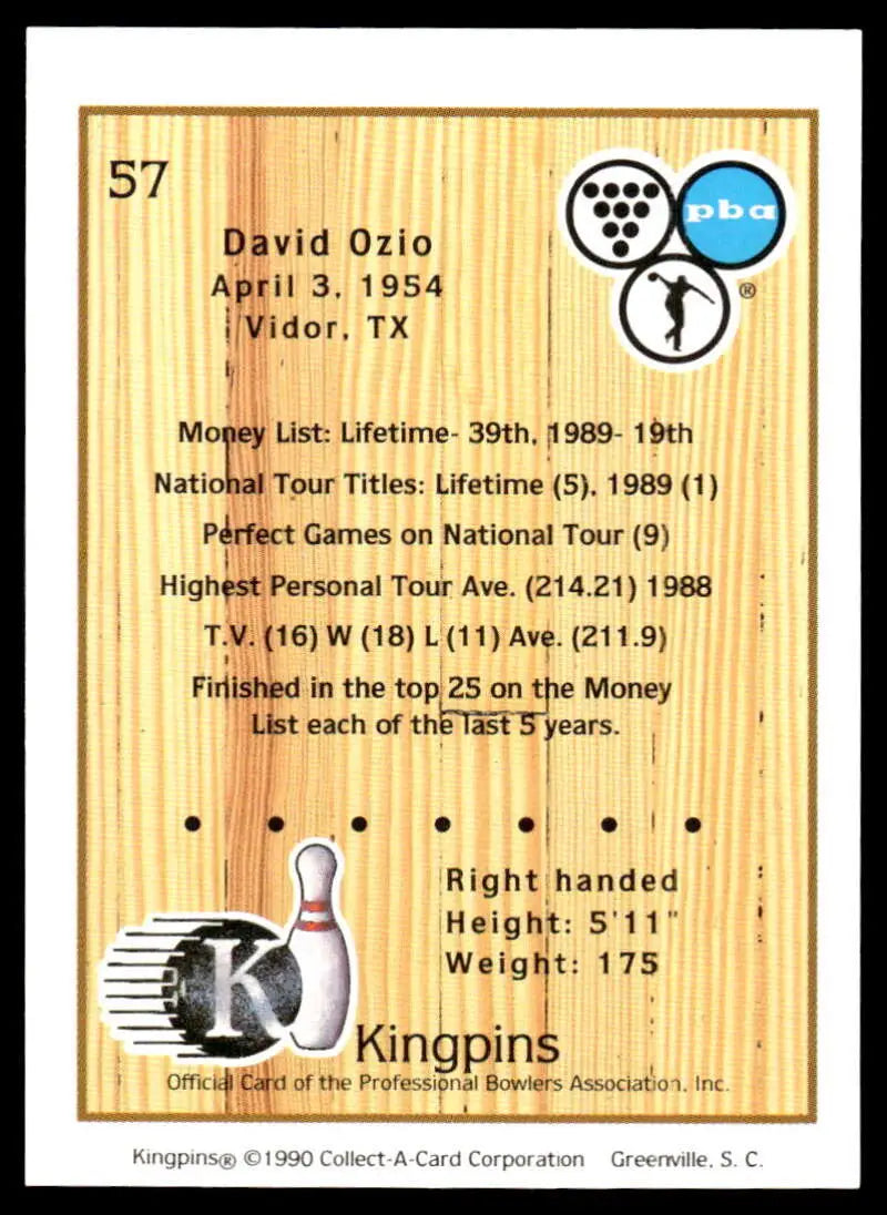 Bowling card featuring David Ozio statistics on wood-grain background for PBA fans