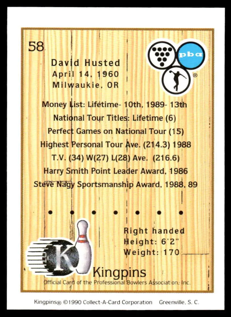 Bowling pin trading card featuring David Husted’s career stats and achievements