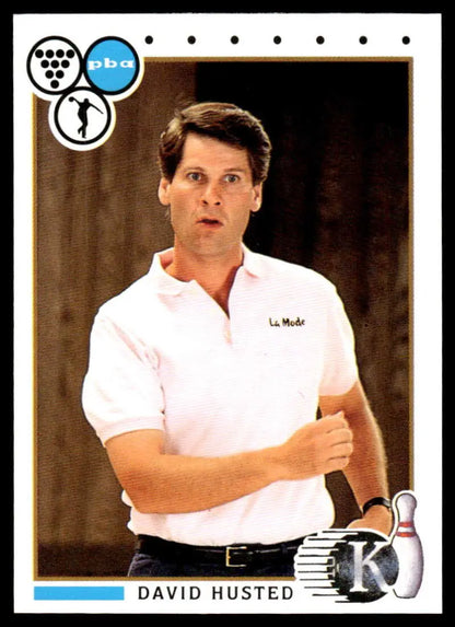 Professional bowler David Husted in white polo on 1990 PBA Bowling Card