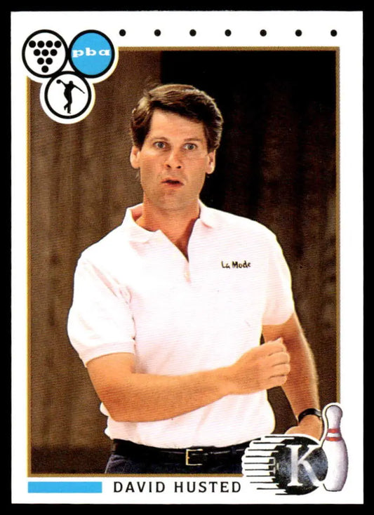 Professional bowler David Husted in white polo on 1990 PBA Bowling Card