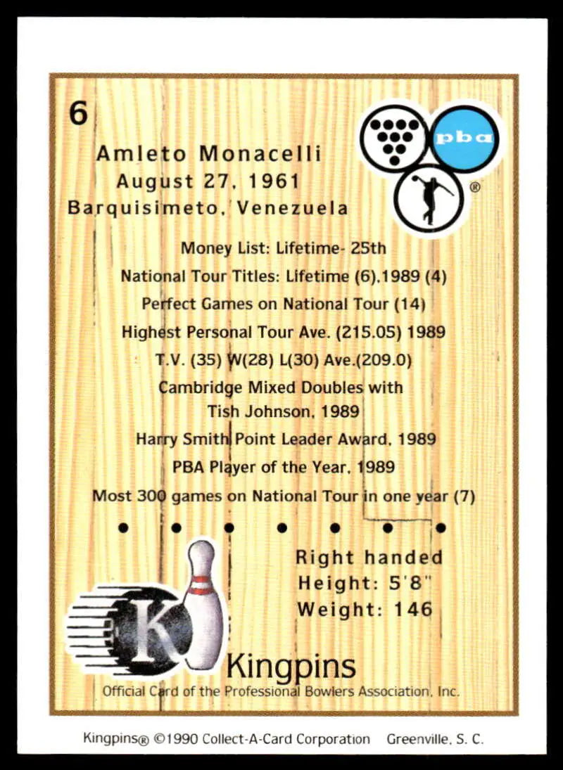 Trading card showcasing Amleto Monacelli’s bowling stats and achievements in PBA