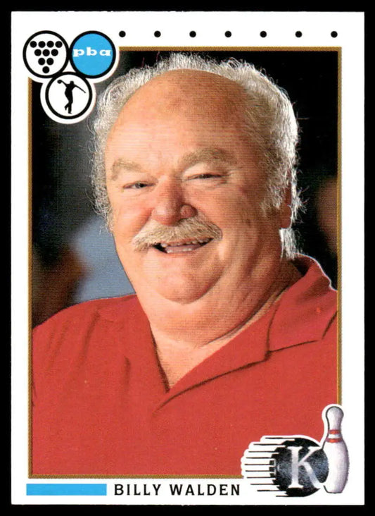 Smiling person in red polo showcasing Billy Walden PBA Bowling Card NM-MT