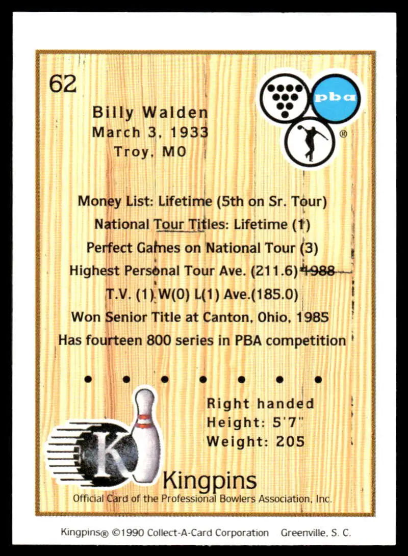 Bowling trading card featuring Billy Walden’s PBA career statistics and achievements