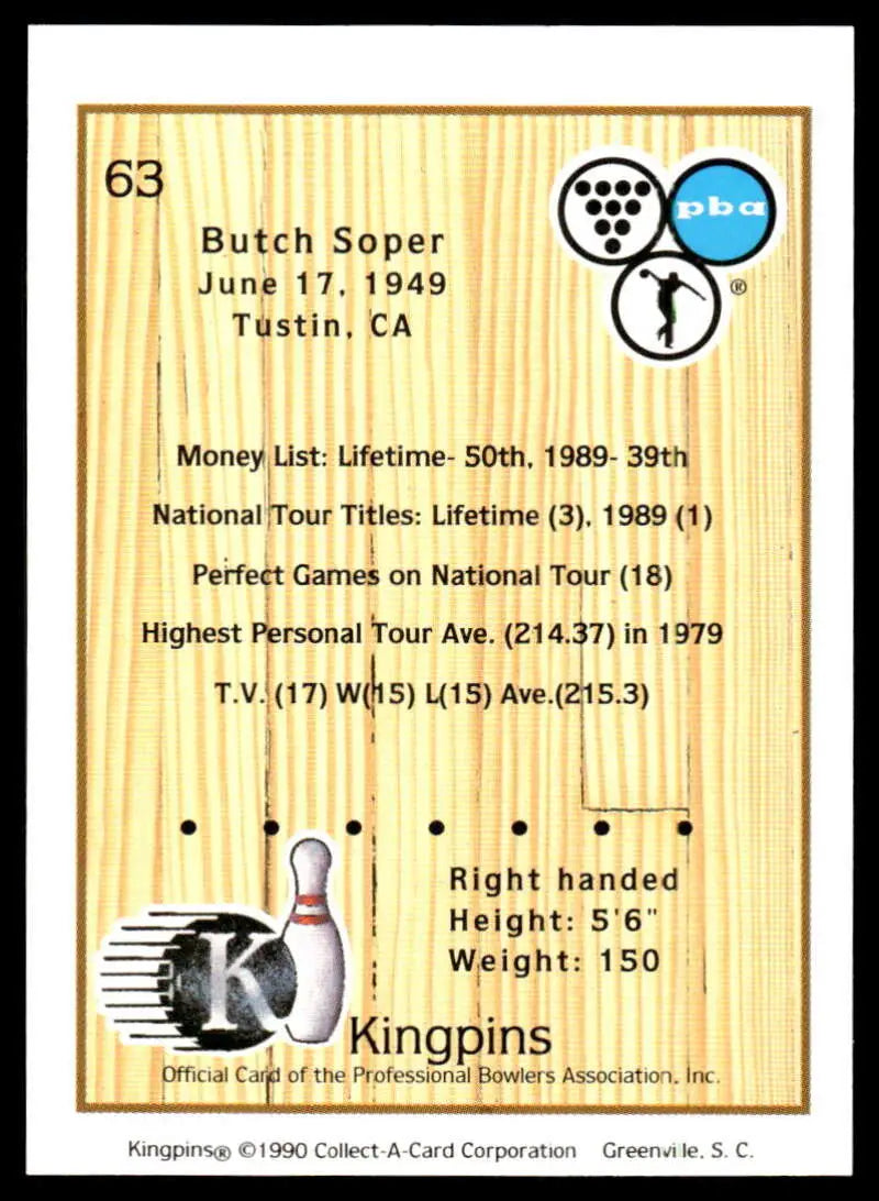 Bowling pin trading card featuring Butch Soper PBA Bowling statistics and biography