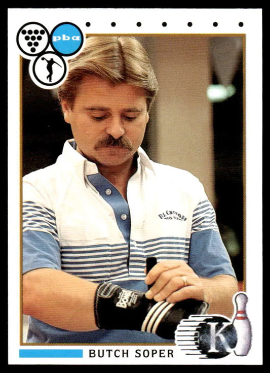 Professional bowler Butch Soper in a striped polo featured on a PBA bowling card