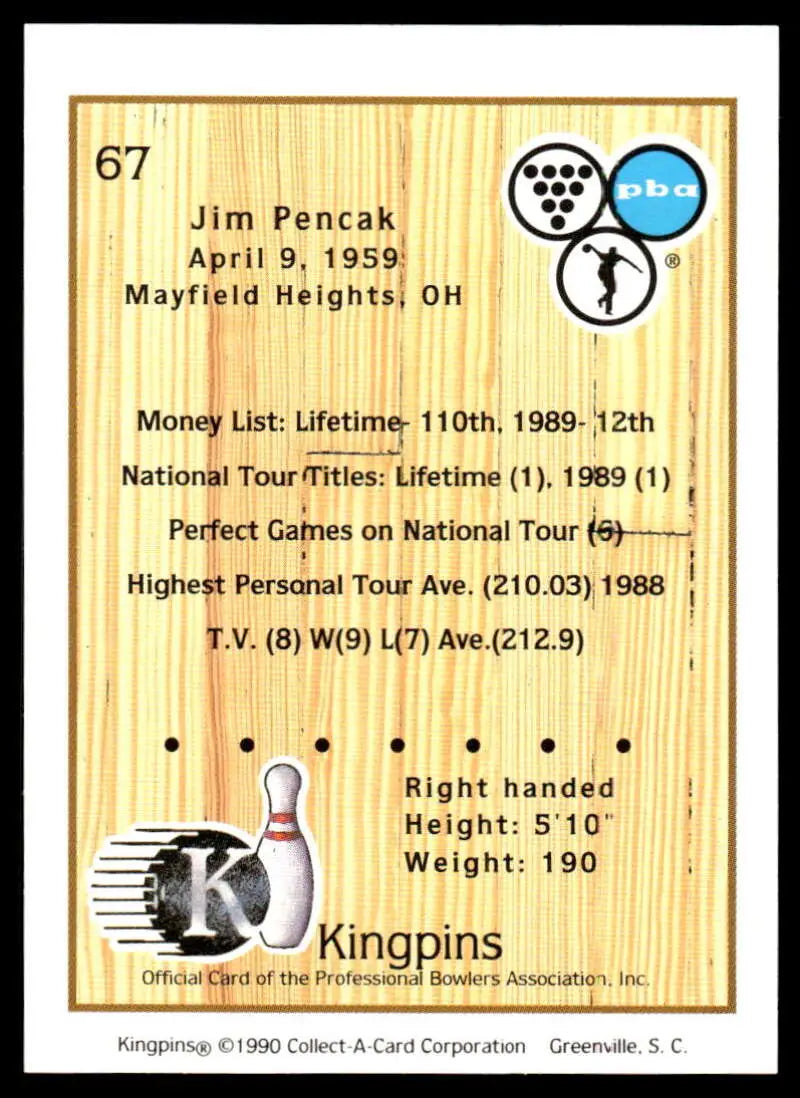 Jim Pencak 1990 PBA Bowling Statistics Card from Kingpins #67 NM-MT condition