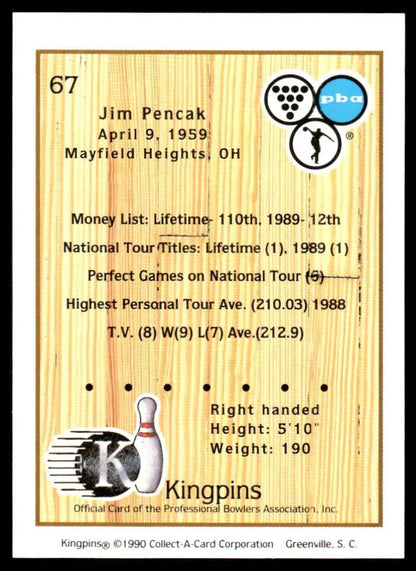 Jim Pencak 1990 PBA Bowling Statistics Card from Kingpins #67 NM-MT condition