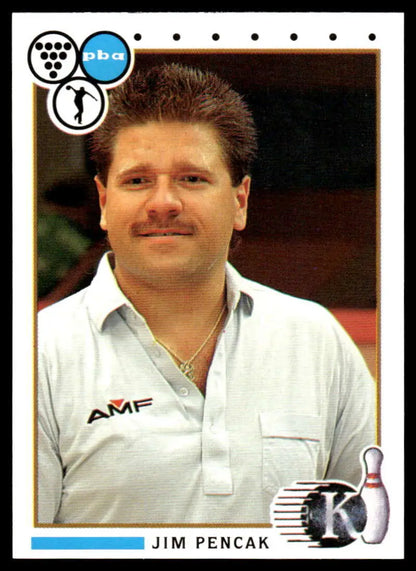 Jim Pencak in white AMF polo shirt, mustache, featured in PBA bowling card