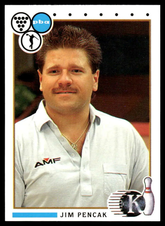 Jim Pencak in white AMF polo shirt, mustache, featured in PBA bowling card