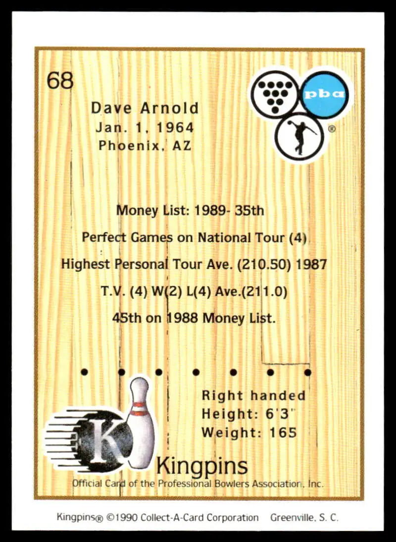 Bowling card featuring Dave Arnold’s player statistics from 1990 PBA Bowling season