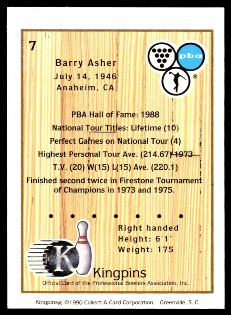Bowling trading card featuring Barry Asher’s stats on wood-grain background