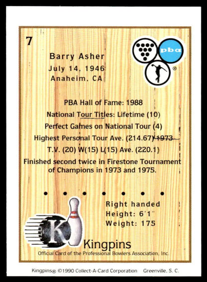 Bowling trading card featuring Barry Asher’s stats on wood-grain background