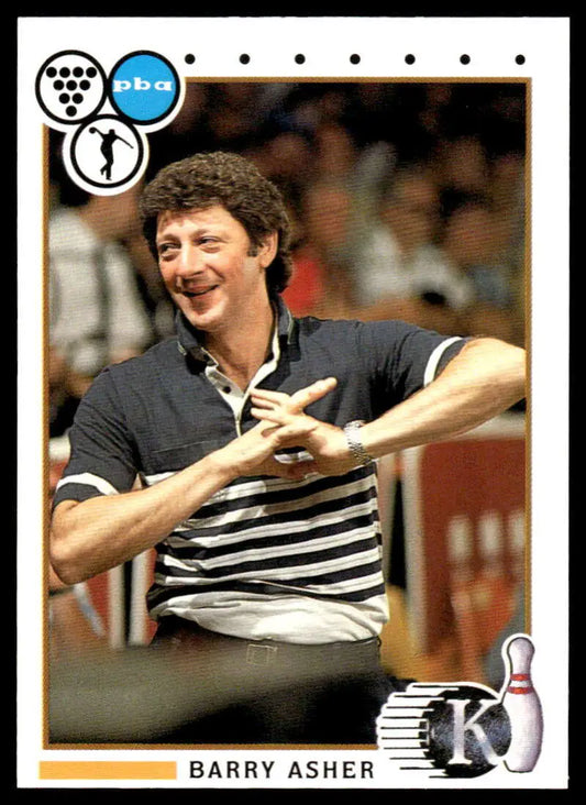 Professional bowler Barry Asher smiles in striped polo on the 1990 PBA Bowling Card