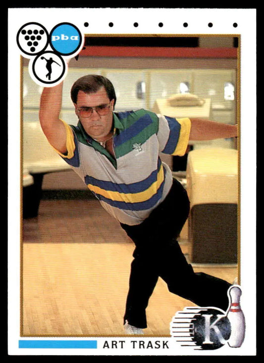 Mike McGrath delivering a strike in a striped polo, featured on a PBA Bowling Card