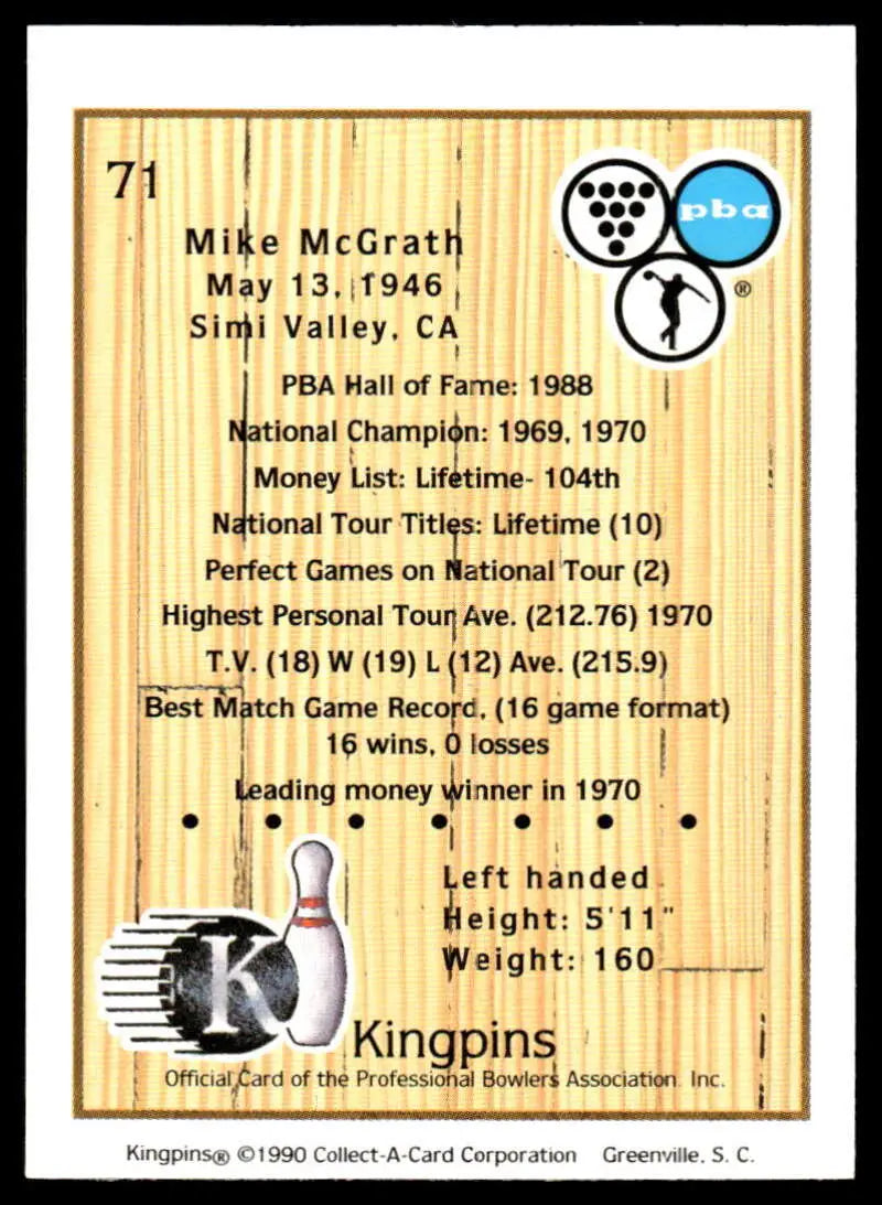 Mike McGrath trading card showcasing bowling statistics from the Kingpins collection
