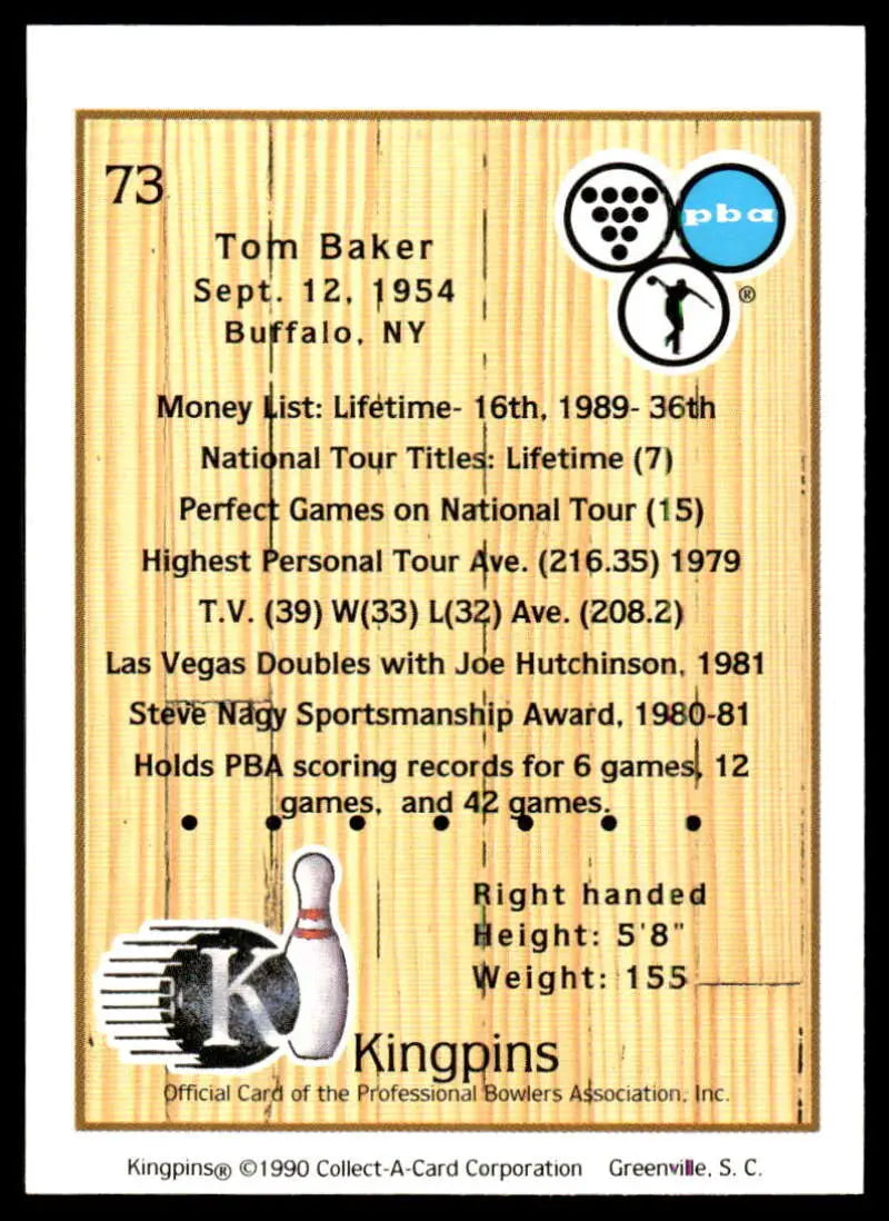 Bowling-themed trading card featuring Tom Baker’s PBA bowling stats from 1954-1989