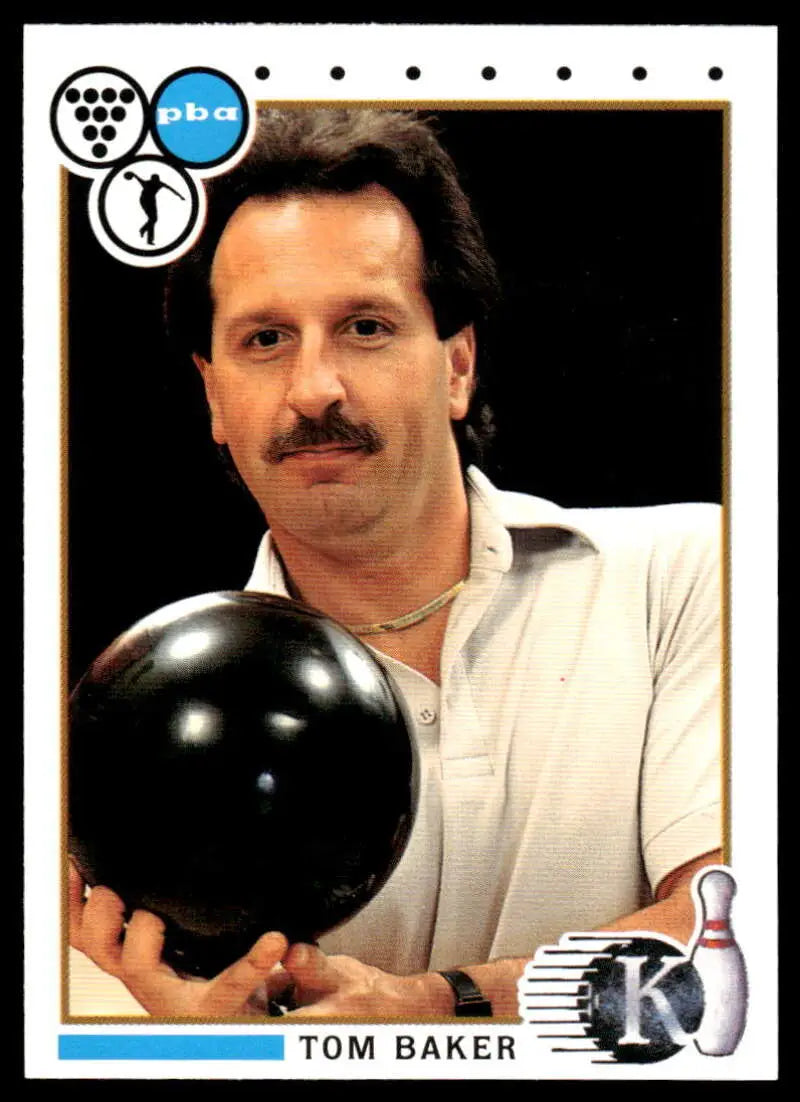 Tom Baker holding a black bowling ball in a white shirt, PBA Bowling Card image