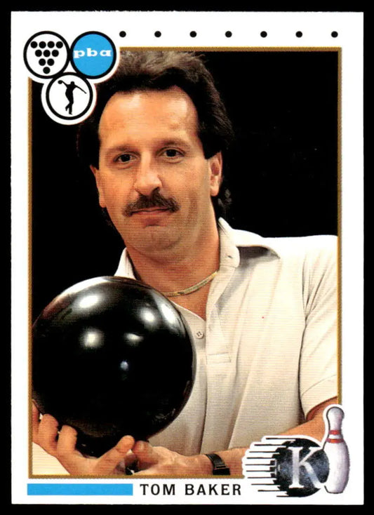 Tom Baker holding a black bowling ball in a white shirt, PBA Bowling Card image