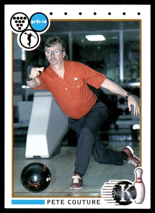 Bowler Pete Couture in an orange polo releasing a bowling ball on a PBA Bowling Card