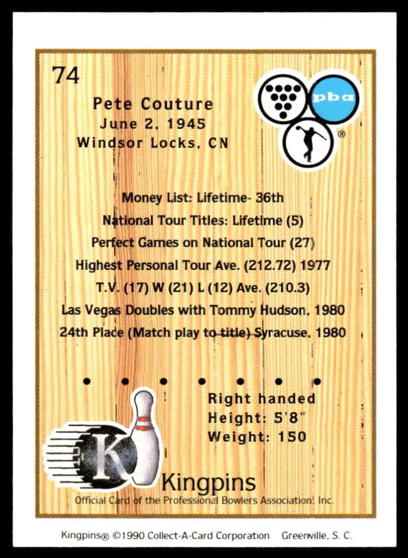 Bowling card featuring Pete Couture’s career stats and achievements in PBA