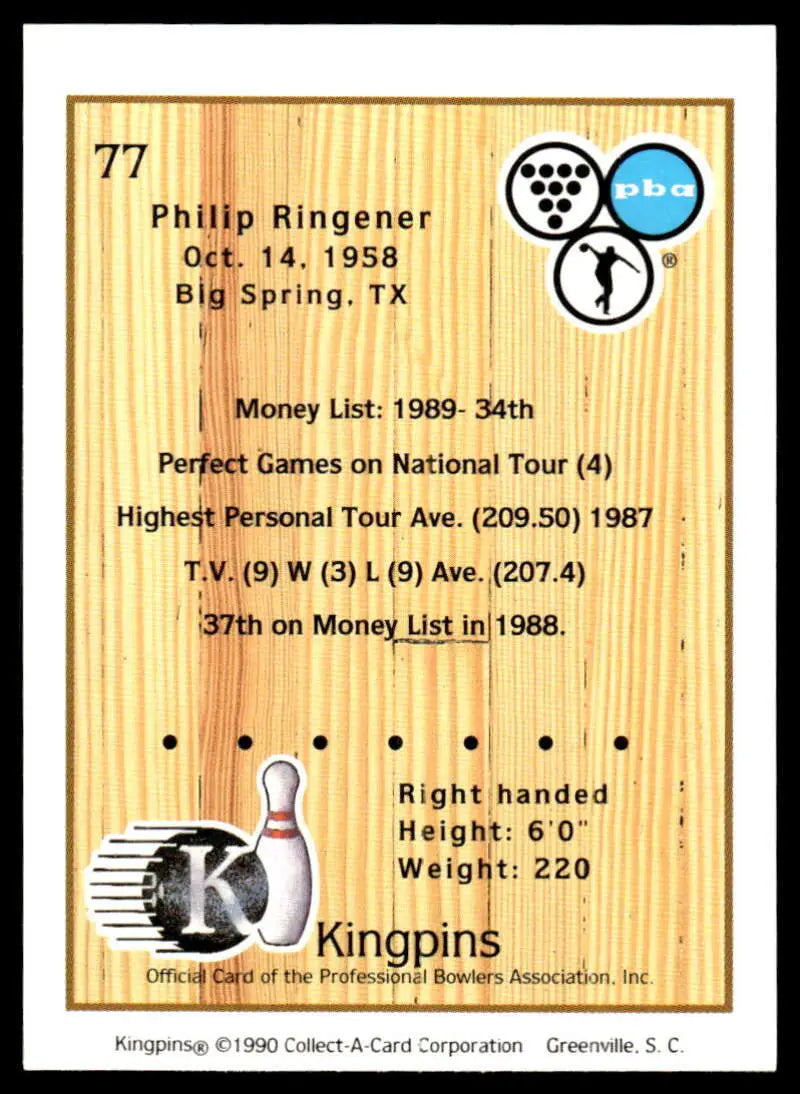 1990 Kingpins PBA Bowling Card of Philip Ringener on wood-grain background
