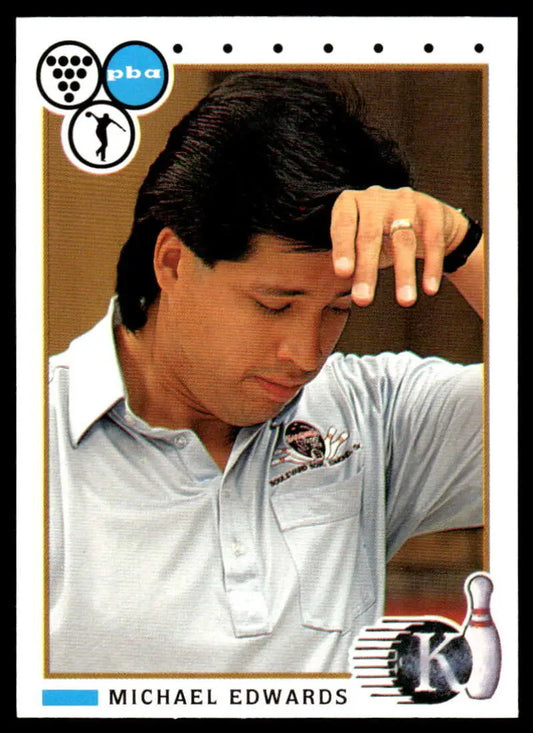 Professional bowler Michael Edwards in white polo, featured on PBA bowling card