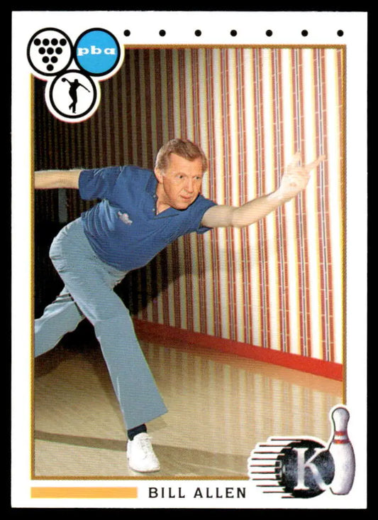Bowler in blue shirt and jeans delivering on lane, featured in PBA Bowling Card