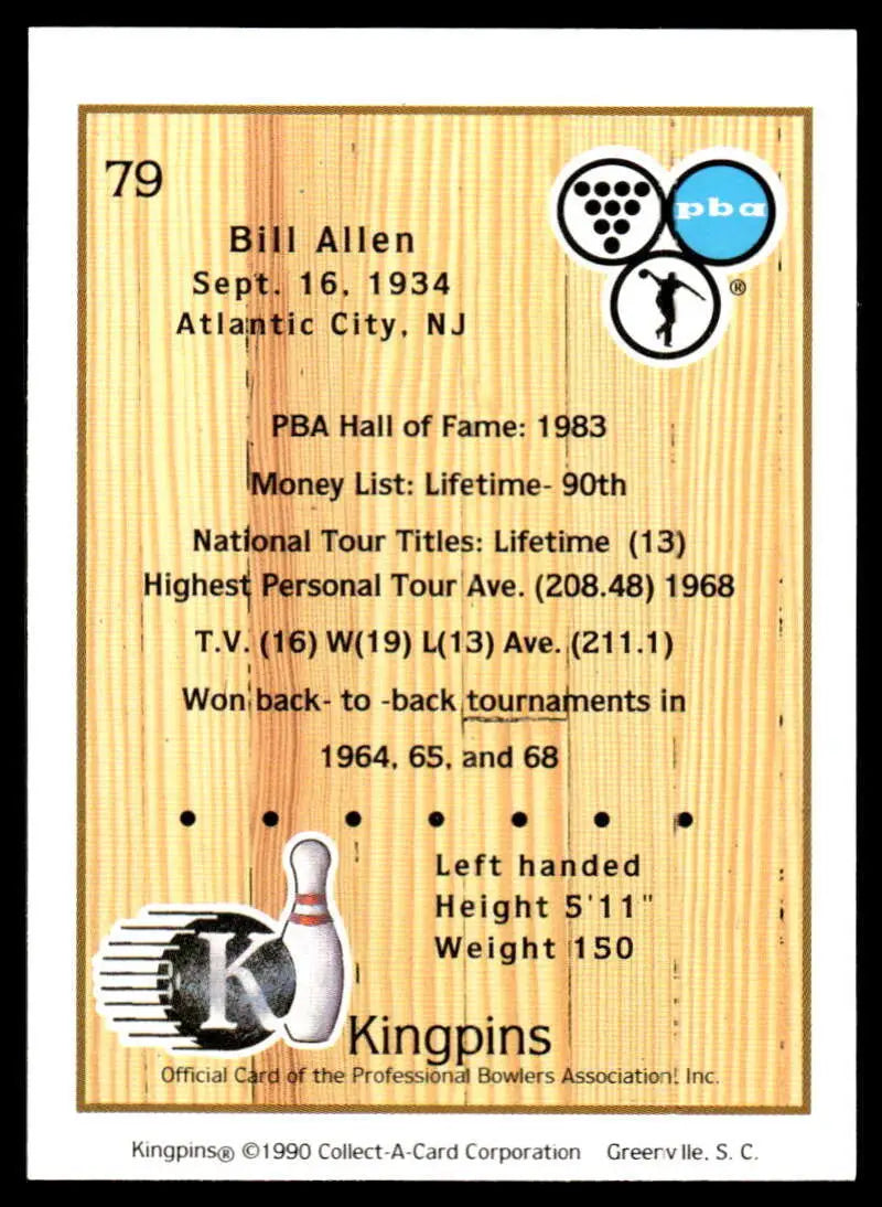 Vintage 1990 PBA Bowling Card featuring player statistics and achievements of Bill Allen