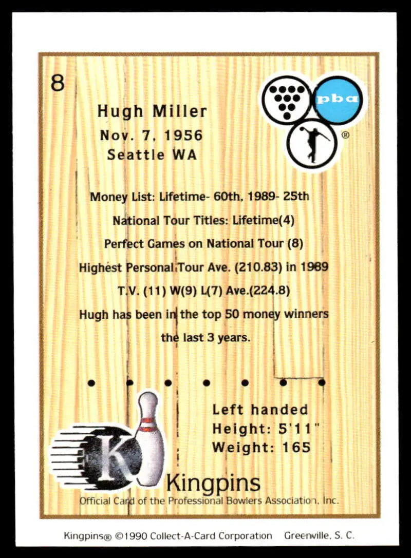 Bowling pin trading card showcasing Hugh Miller statistics and career info from 1990 PBA Bowling Card