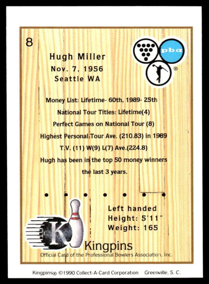 Bowling pin trading card showcasing Hugh Miller statistics and career info from 1990 PBA Bowling Card