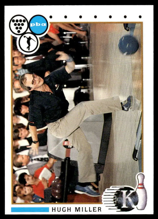 Professional bowler Hugh Miller in black shirt and khaki pants releasing a bowling ball