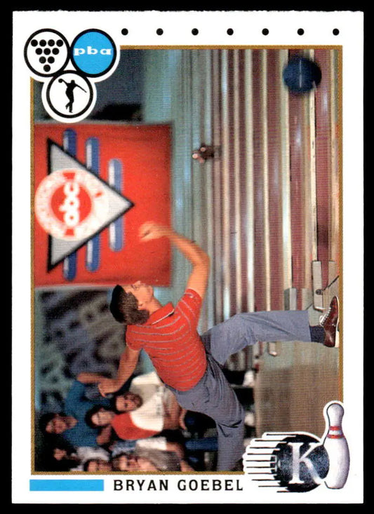 Bryan Goebel delivering a throw in red shirt and gray pants on PBA Bowling Card