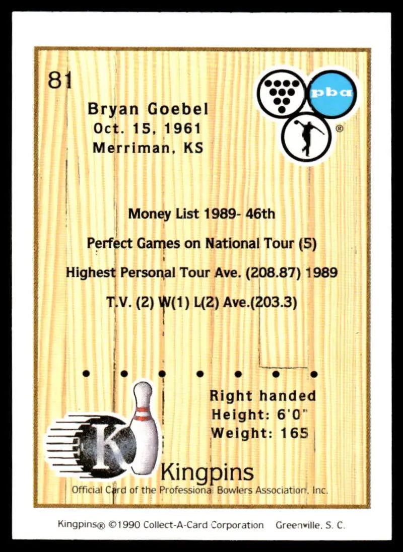 Bowling card featuring PBA player Bryan Goebel from Merriman, KS statistics