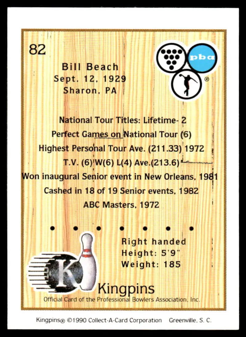 Bill Beach’s statistics and achievements on a 1990 Kingpins PBA bowling card