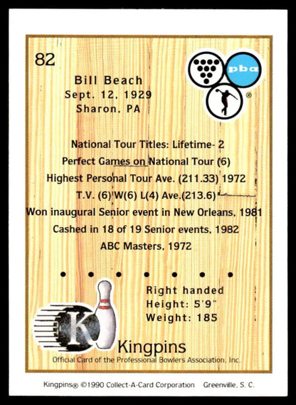 Bill Beach’s statistics and achievements on a 1990 Kingpins PBA bowling card