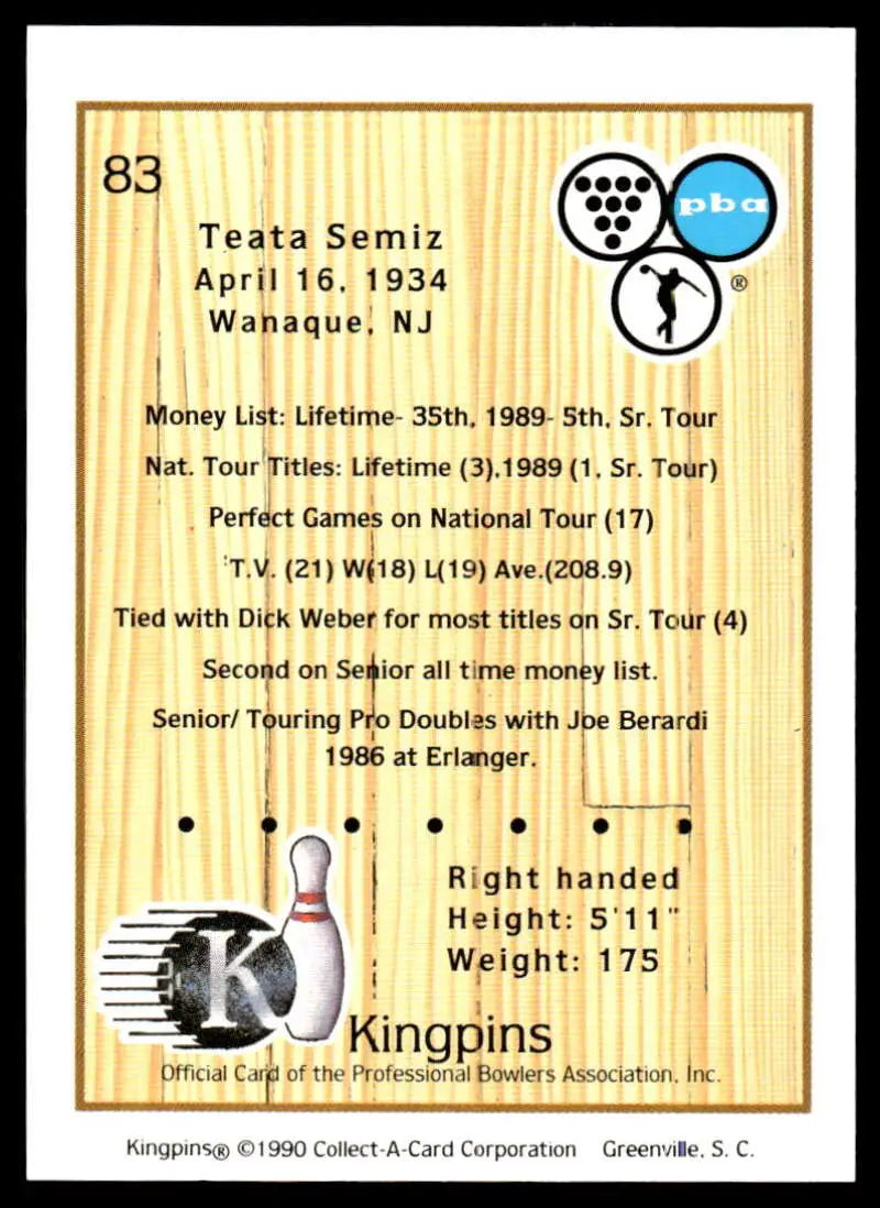 Bowling trading card featuring Teata Semiz statistics from 1934, PBA Bowling Card