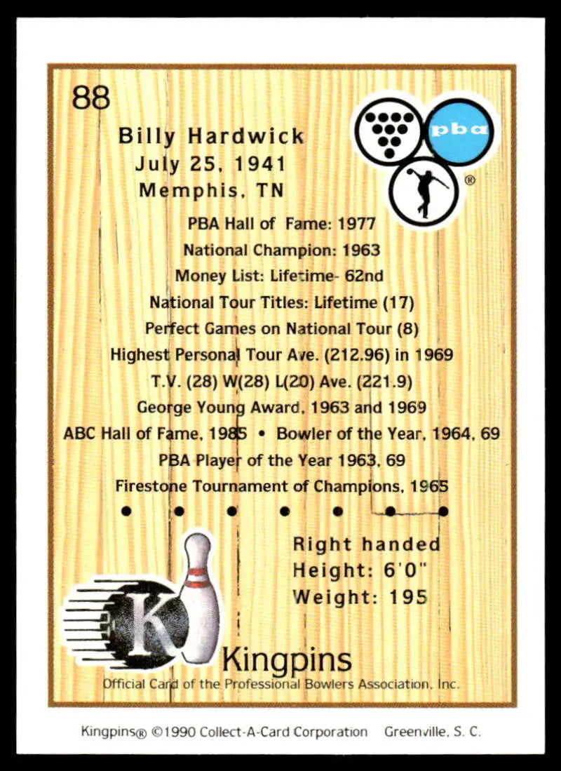 Vintage 1990 Billy Hardwick PBA Bowling Card showcasing player statistics and achievements