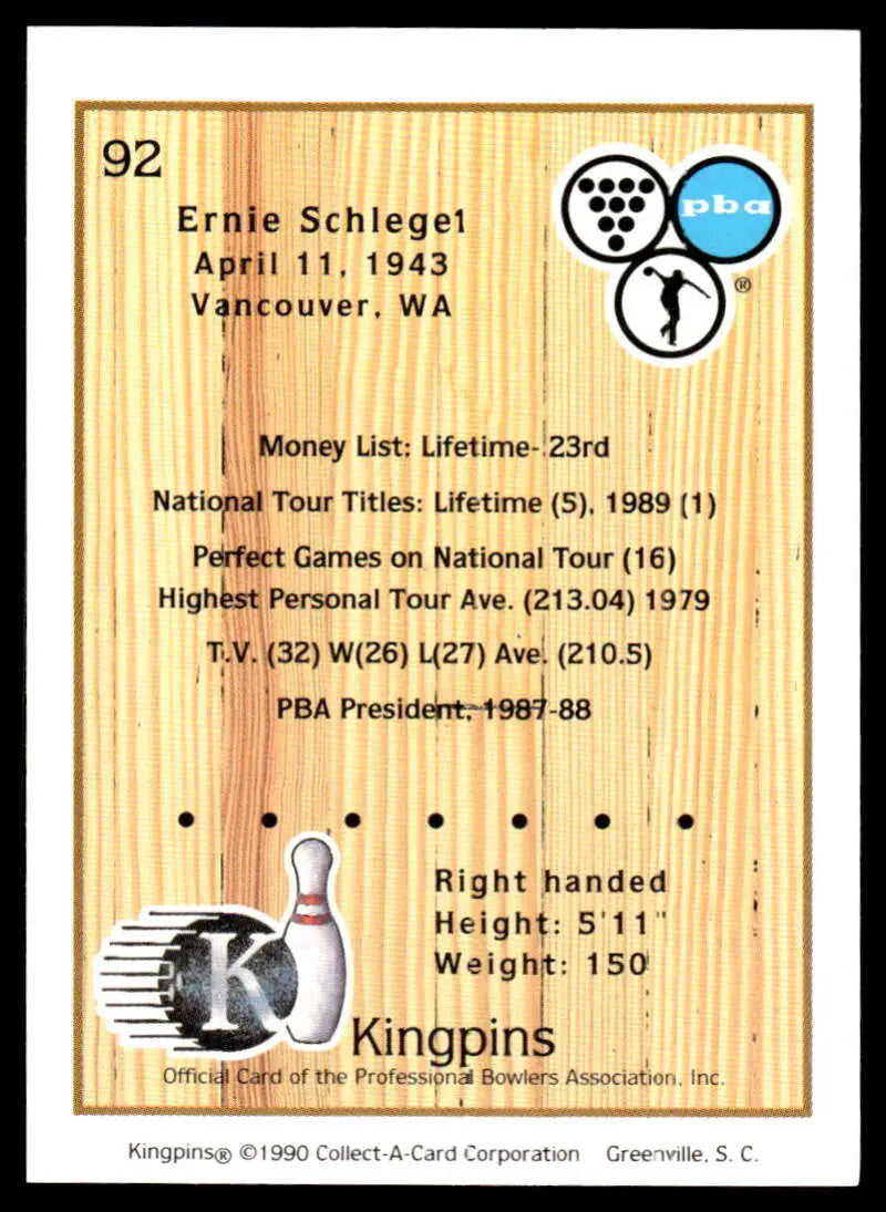 PBA Bowling Card featuring statistics and achievements of Ernie Schlegel in 1990 Kingpins
