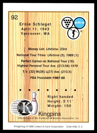 PBA Bowling Card featuring statistics and achievements of Ernie Schlegel in 1990 Kingpins