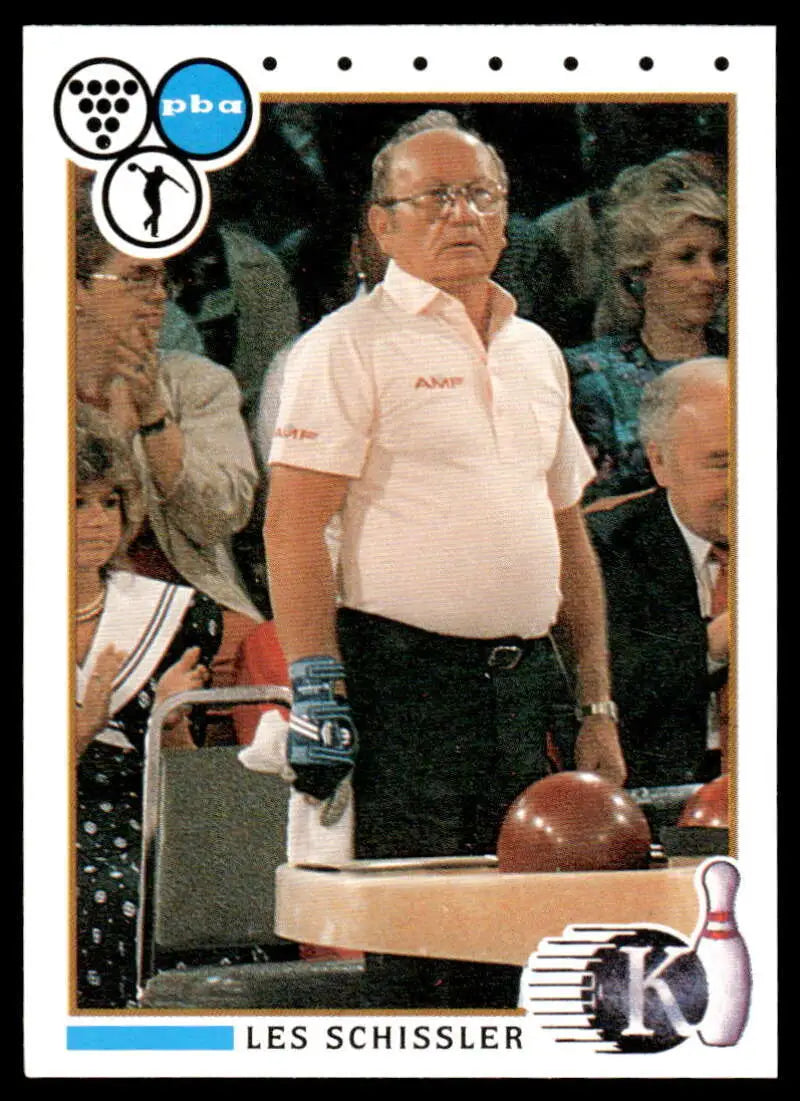 Les Schissler in white polo near bowling pins on 1990 PBA Bowling Card