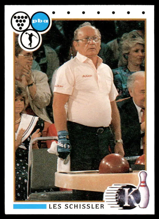 Les Schissler in white polo near bowling pins on 1990 PBA Bowling Card