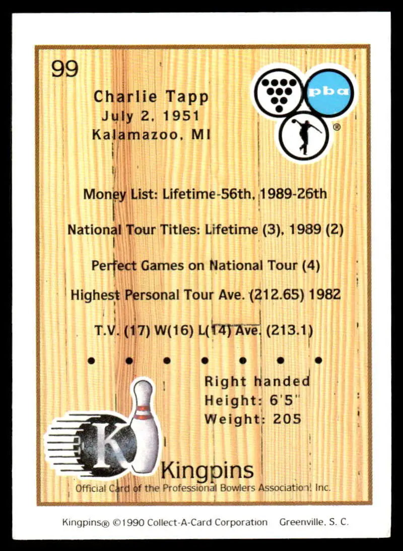 Bowling trading card featuring Charlie Tapp’s PBA career stats from 1989-2004